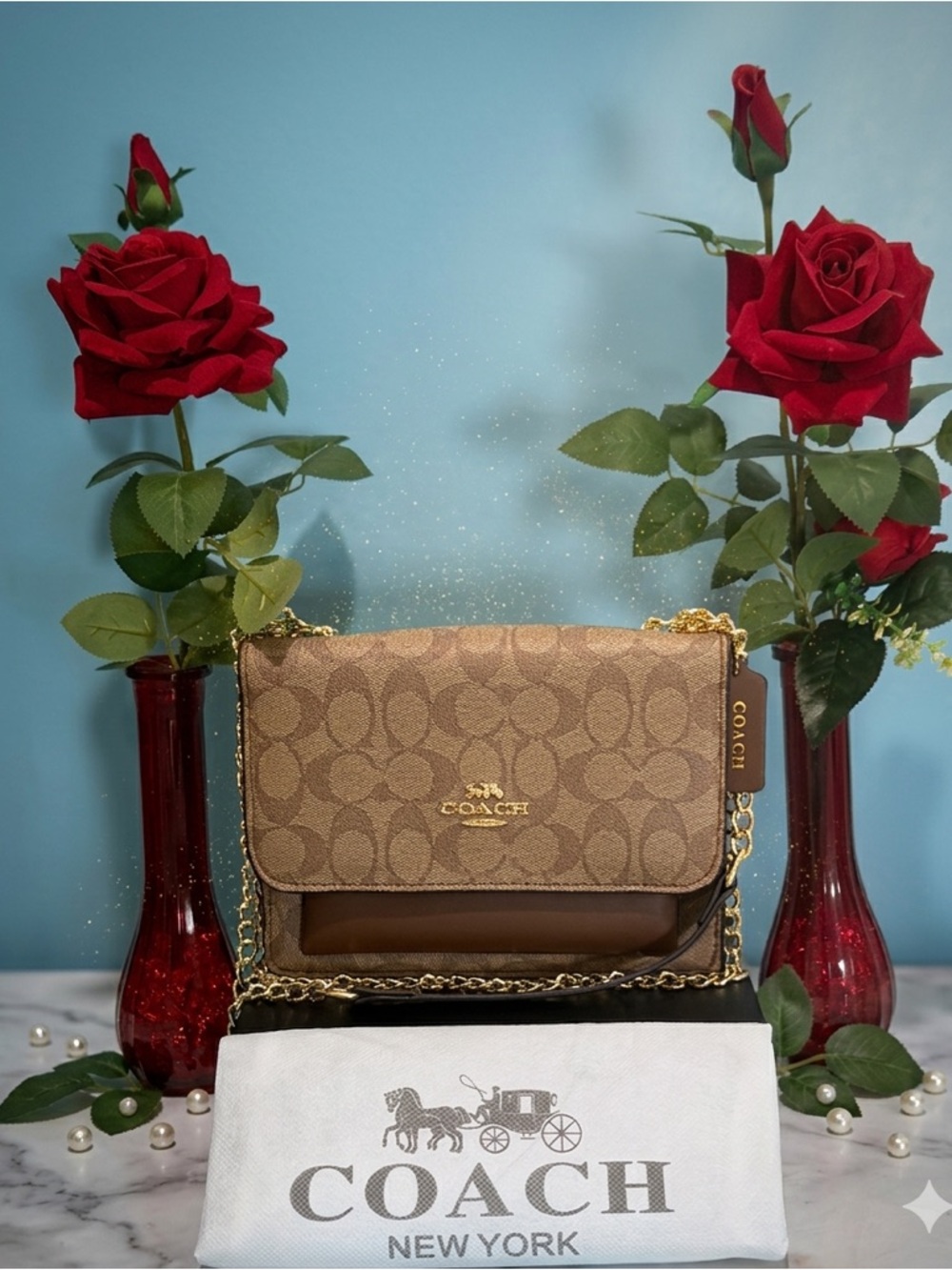 Coach Brown Signature Chain Flap Crossbody